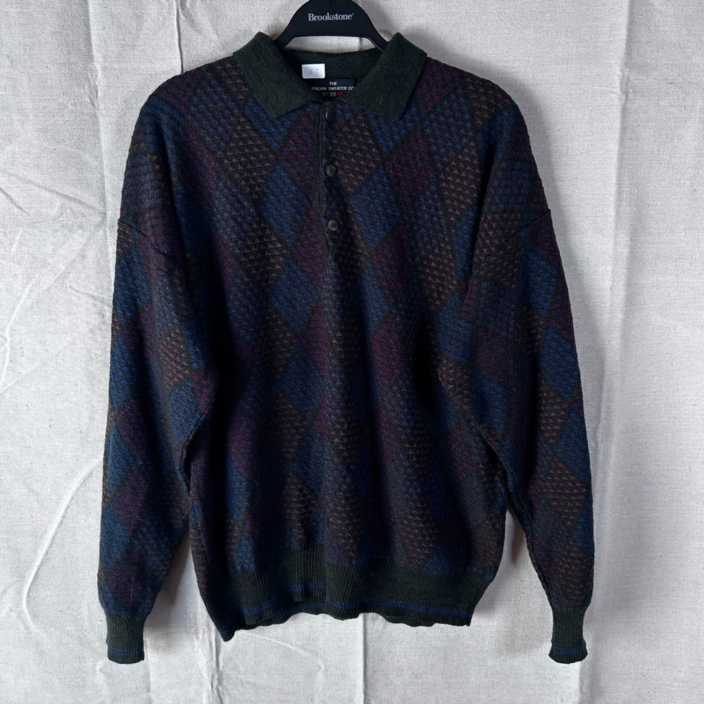 The Italian Sweater Co Mens XL Argyle Wool Blend Knit Polo Sweater Made in Italy